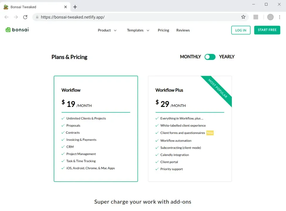 A screenshot of Bonsai website